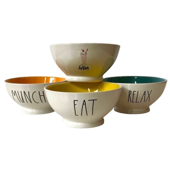 SET(4) Rae Dunn COLORED PEDESTAL Cereal Soup Dessert Bowls-EAT/MUNCH/RELAX/SAVOR - Picture 1 of 15